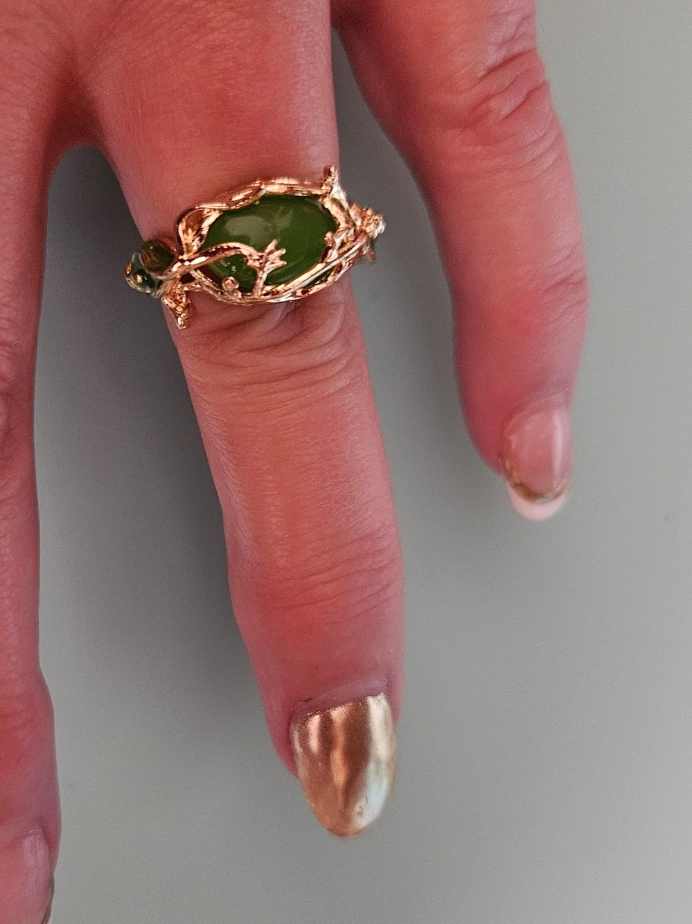 Golden Tone Vine Ring with Green Stone - Women's Jewelry